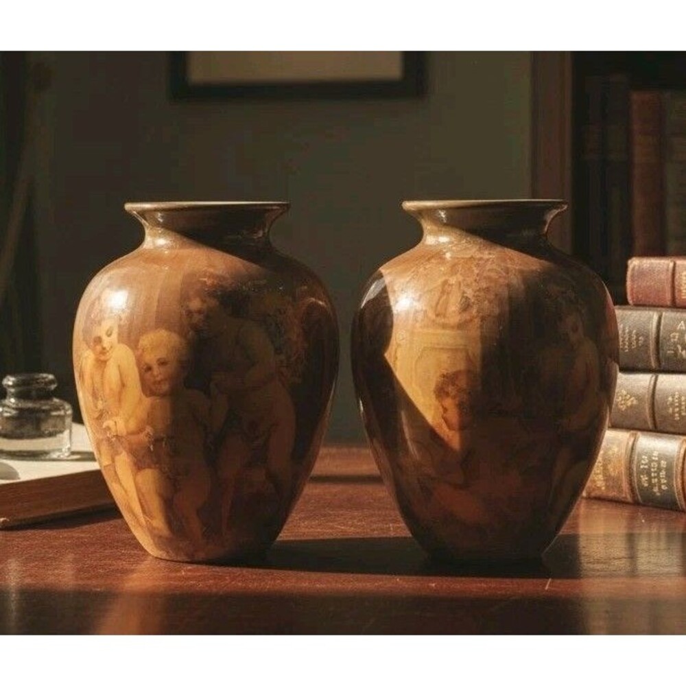 Vintage Cherub Decoupage Porcelain Vases - Pair 5.5” Neoclassical Lacquerware